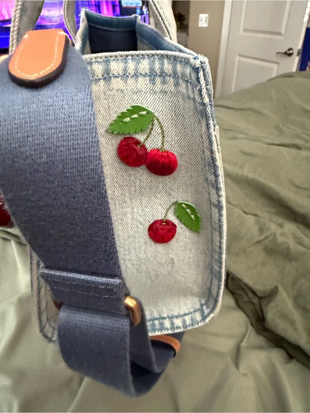 Coach Denim Cargo Bag 26 with Cherry Embroidery
